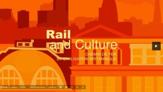 Titre RAIL and CULTURE est inscrit en couleur crême sur un fond graphique orangé d'illustration d'une ville avec une gare en premier plan